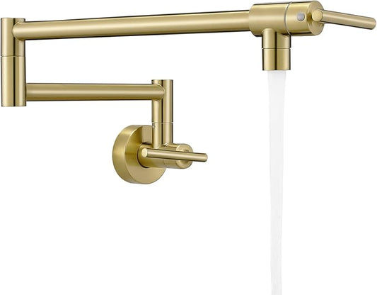 Fransiton Brushed Gold Pot Filler, Pot Filler Faucet Wall Mount, Brass Folding Stretchable with Double Joint Swing Arm Single Hole Two Handles Kitchen