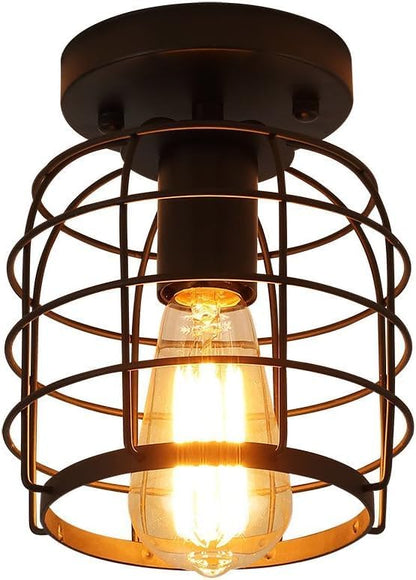 Create For Life® Industrial Vintage Flush Mount Ceiling Light,Rustic Metal Cage Semi Flush Mount Ceiling Lamp Fixture for Hallway Stairway Kitchen Garage, E26, Black Finish,2 Pack