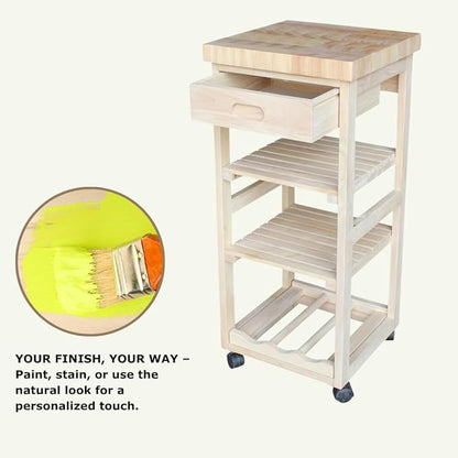 IC International Concepts, Kitchen Trolley, Solid Wood, Real Parawood, 15" W x 15" D x 33" H, 50 lbs/Shelf wt. Capacity, Easy Assembly, DIY, Paint or Stain Your Way, Unfinished