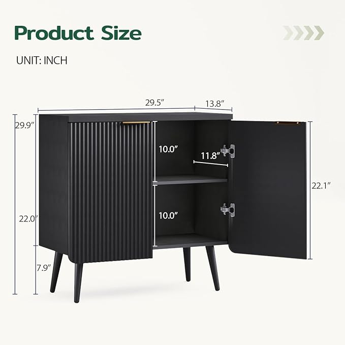 Wood Fluted Sideboard with 2 Doors, Modern Buffet Cabinet with Shelves, Multi-Space Storage Credenza Kitchen for Entryway, Dining & Living Room, Black