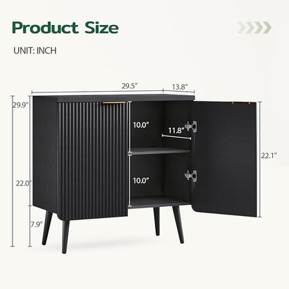 Wood Fluted Sideboard with 2 Doors, Modern Buffet Cabinet with Shelves, Multi-Space Storage Credenza Kitchen for Entryway, Dining & Living Room, Black