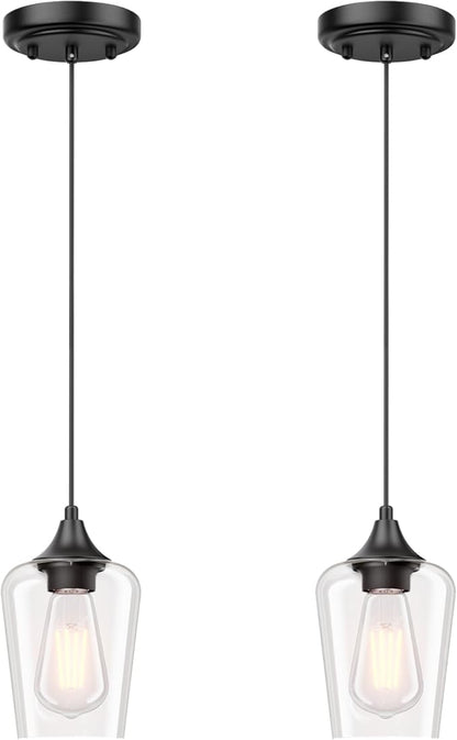 Ralbay Matte Black Industrial Pendant Light 2-Pack, Pendant Light Fixtures with Wine Clear Glass Shade, Adjustable Height for Kitchen Island, Farmhouse Dining Room Hanging Lighting Fixture