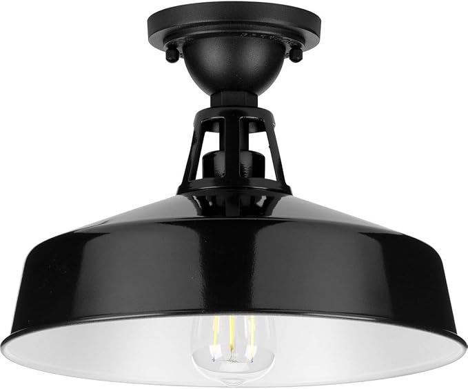Progress Lighting Cedar Springs Collection 1-Light Farmhouse Outdoor Semi-Flush Mount Light Gloss Black, 9.50x13.25x13.25
