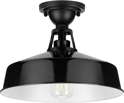 Progress Lighting Cedar Springs Collection 1-Light Farmhouse Outdoor Semi-Flush Mount Light Gloss Black, 9.50x13.25x13.25