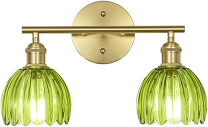 Vintage Bathroom Light Fixtures,2-Light Hardwired Vanity Lights with Green Tulip Glass Shade,Gold Bathroom Vanity Light for Mirror Restroom,E26 Socket,14.57 in(Bulbs Not Included)