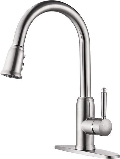 Stainless Steel Kitchen Faucet with Pull Down Sprayer, WOWOW Vintage Kitchen Sink Faucet Brushed Nickel Single Handle Kitchen Faucet for Sink 1 or 3 Hole