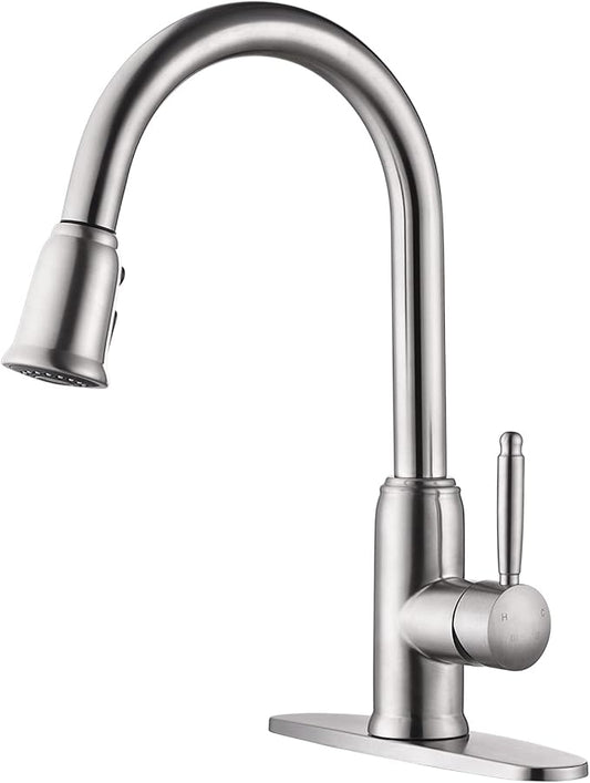Stainless Steel Kitchen Faucet with Pull Down Sprayer, WOWOW Vintage Kitchen Sink Faucet Brushed Nickel Single Handle Kitchen Faucet for Sink 1 or 3 Hole