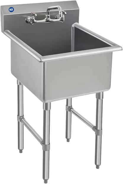 ROCKPOINT Stainless Steel Prep & Utility Sink with 8" Faucet, 1 Compartment Commercial Handmade Sink with 18" D x 18" W x 12" H Bowl for Restaurant,Kitchen,Laundry,Hotel and Home