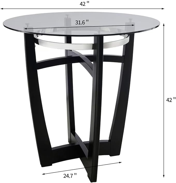 42" Round High Top Glass Dining Table, 42" Bar Height, Solid Wood Base & 1/2" Tempered Glass - Modern Kitchen & Dining Room Furniture
