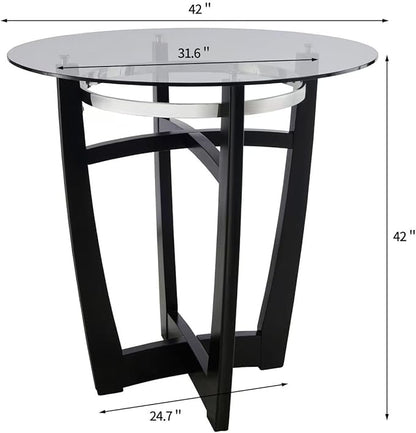 42" Round High Top Glass Dining Table, 42" Bar Height, Solid Wood Base & 1/2" Tempered Glass - Modern Kitchen & Dining Room Furniture