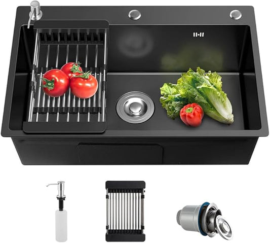 ARTLINE 16 Gauge Black Kitchen Sink, 3 Hole Stainless Steel Kitchen Sink, Drop In/Topmount Single Bowl Workstation Sink, Farmhouse Workstation Sink with Multiple Accessories (23.6 x 17.7in)
