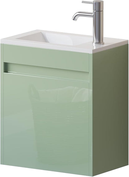 wonline 16" Floating Bathroom Vanity with Sink, Wall Mounted Resin Basin Cabinet Combo for Small Bathrooms, High Gloss Green, Includes Chrome Faucet & Pop Up Drain