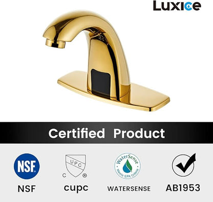 Polish Gold Touchless Bathroom Sink Faucet - Automatic Motion Sensor Battery Opertated with Temperature Mixing Valve for Commercial Lavatory