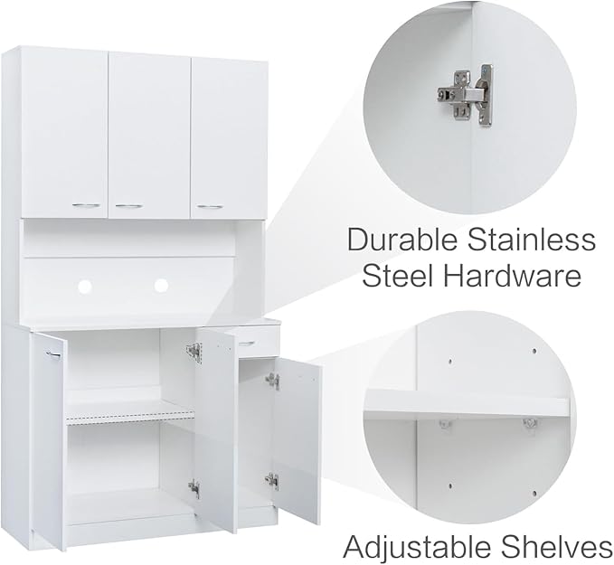 DMAITH 71" White Kitchen Pantry Cabinets with Microwave Stand, 6 Doors & 3 Adjustable Shelves, Freestanding China Cabinet Hutch, Buffet Cabinet with Storage