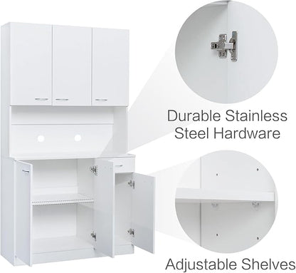 DMAITH 71" White Kitchen Pantry Cabinets with Microwave Stand, 6 Doors & 3 Adjustable Shelves, Freestanding China Cabinet Hutch, Buffet Cabinet with Storage