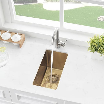 Gold Wet Bar Sink, 10 x 18 Inch Stainless Steel Small Undermount Kitchen Bar Sink 16 Gauge Single Bowl with Grid and Drain Strainer
