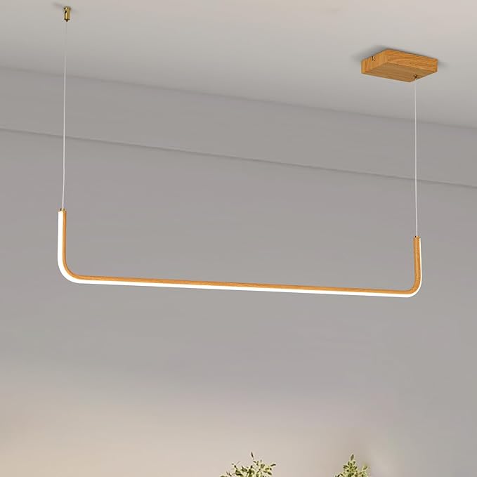Sedelan Wood Linear Pendant Light, Dining Room Light Fixture, Modern Kitchen Pendant Lighting for Dining Room Kitchen Island Living Room Office Bar, Aluminum Woodgrain Print