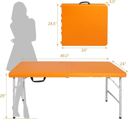 4 FT Folding Table with Carry Handle, Portable Fold-in-Half Plastic Table, Rectangle Foldable Table for Indoor/Outdoor Orange
