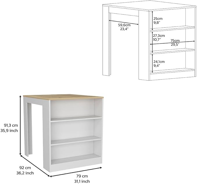 Kitchen Island Table, Two Legs, Three Side Shelves, White/Pine