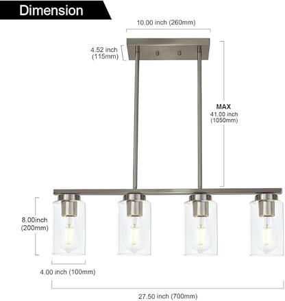 TODOLUZ Modern Kitchen Island Light with Clear Glass Shades, 4-Lights Hanging Lighting Fixtures in Brushed Nickel for Dining Room
