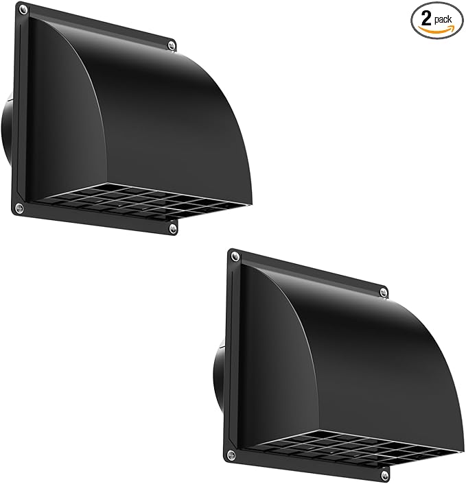2 Pcs 4 Inch Dryer Vent Cover Outside, HG Power Metal Exterior Vent Cover with Removable Screen & Cushioned Non-Return Flap, Air Wall Vent for House, Range Hood, AC, Opening Diameter: 3.81" Black