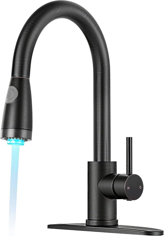 LED Kitchen Faucet with Pull Down Sprayer - ORB Single Handle Kitchen Faucets, High Arc Stainless Steel Pull Out Kitchen Sink Faucet with Deck for RV Laundry Farmhouse Bar