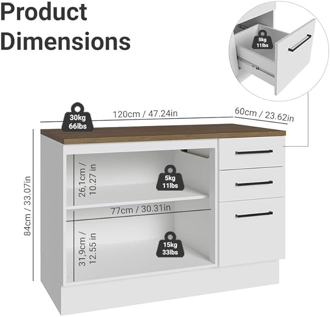 Madesa Hazel Kitchen Storage Buffet Base Cabinet with Adjustable Feet 47 Inch Engineered Wood Slab Doors Painted Finish Floor Mount Removable Plinth - White
