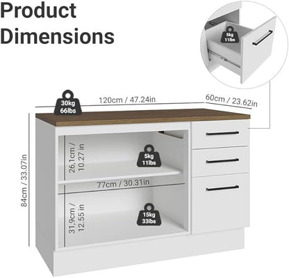 Madesa Hazel Kitchen Storage Buffet Base Cabinet with Adjustable Feet 47 Inch Engineered Wood Slab Doors Painted Finish Floor Mount Removable Plinth - White