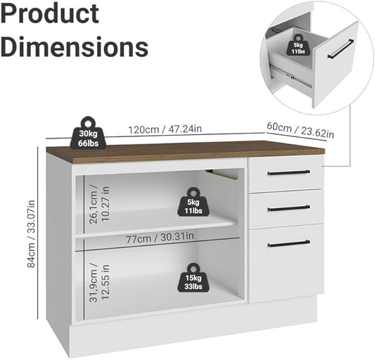 Madesa Hazel Kitchen Storage Buffet Base Cabinet with Adjustable Feet 47 Inch Engineered Wood Slab Doors Painted Finish Floor Mount Removable Plinth - White