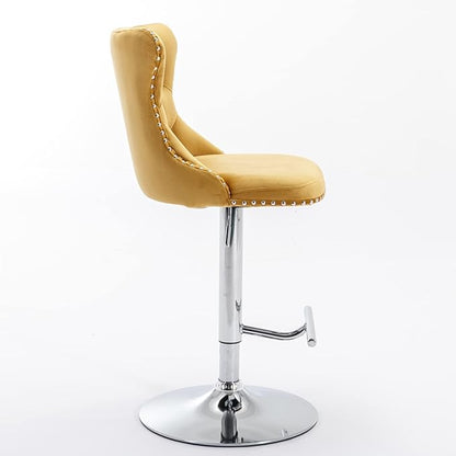 Rhomtree Velvet Swivel Bar Stools Upholstered Bar Stool with Button Tufted Back and Pull Ring Height Adjustable Barstools 25-33 Inch for Home Pub and Kitchen Island (Gold with Silver Base, Set of 6)