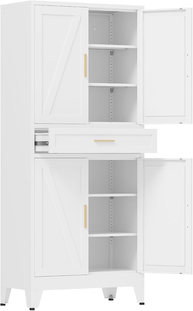 COFaR 71 in Tall Kitchen Pantry Cabinet with Drawer, Metal Pantry Storage Cabinet with 4 Adjustable Shelves and 4 Barn Doors, White Freestanding Farmhouse Food Cupboard for Dining Room