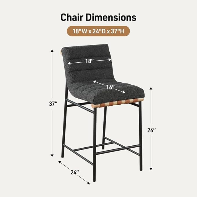 Lilola Home Lahni 18" W Dark Gray Boucle Fabric Counter Height Chair – Contemporary Upholstered Bar Stool with Cognac PU Leather Detail and Fully Assembled Design for Kitchen Dining Room
