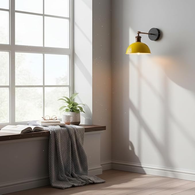 Vintage Industrial Wall Sconce with 180 Degree Adjustable Swing Arm Copper Dome Shade Hardwired or Plug in Light Fixture for Bedroom Living Room and Home Office (Yellow)