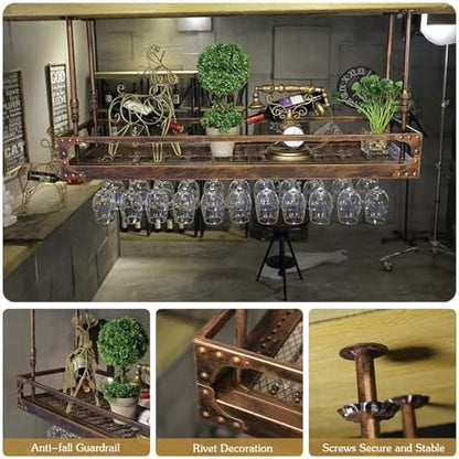 Vintage Ceiling Wine Glass Rack - Adjustable Metal Stemware Holder, Creative Hanging Organizer for Bar, Cafe, Kitchen Island Storage Solution
