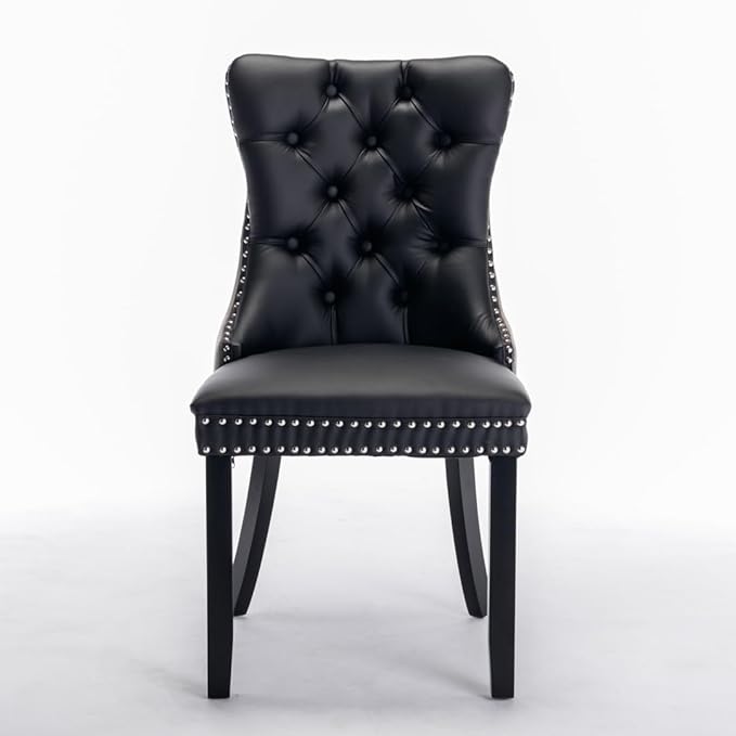 Dining Chairs Set of 2, PU Leather Upholstered Dining Room Side Chairs with Button Tufted Back, Nailhead Trim & Wooden Legs, Modern Counter Height Bar Stools for Home Kitchen Island, Black+Gray