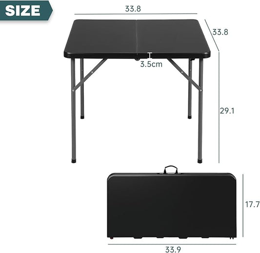FDW 34" Square Outdoor Dining Table, Foldable Portable Plastic Folding Card Table with Built in Carrying Handle and Height Adjustable for Party and Wedding Use, Black