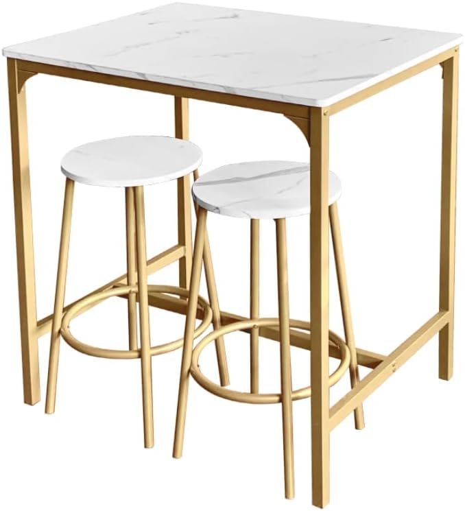 AT-VALY 3-Piece Bar Table Set with 2 Stools,Dining Room Table Set,Small Spaces (Gold)