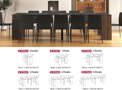 Extendable Dining Table with Storage, Transformer Extra Console Table for 1-12 People, Folding Space Saving Dining Room Table with Built-in Outlet for Homes, Apartments, Walnut Black