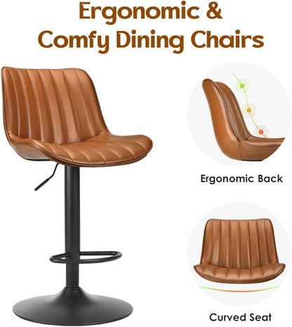 Bar Stools Set of 2, Swivel Adjustable Barstools, with Back Support, PU Leather Counter Height Bar Chairs for Kitchen Island Rustic Barstool, Brown (Brown + PU Leather + Foam)