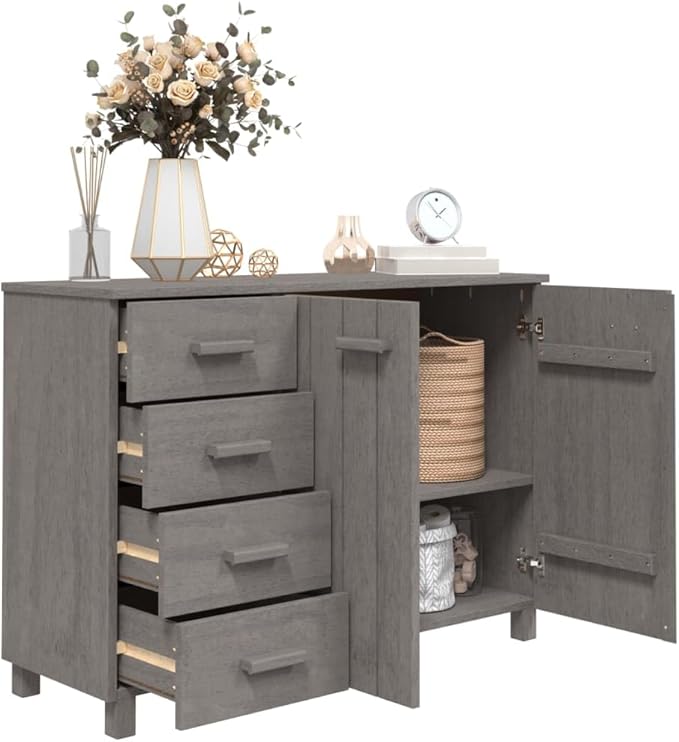 Light Grey Solid Pine Wood Sideboard, 44.5" Modern Buffet Cabinet with 2 Doors and 4 Drawers, Living Room Storage Furniture Kitchen Furnitur