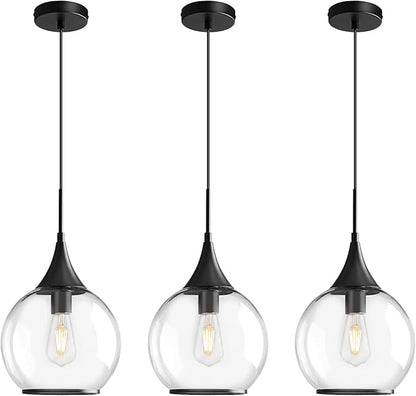 Pendant Lights Kitchen Island: 3 Pack Black Light Fixture Modern with Clear Glass - 10 Inch Mid Century Globe Kitchen Lighting Fixtures Ceiling for Hallway Bar