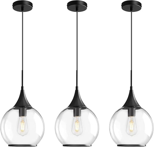 Pendant Lights Kitchen Island: 3 Pack Black Light Fixture Modern with Clear Glass - 10 Inch Mid Century Globe Kitchen Lighting Fixtures Ceiling for Hallway Bar