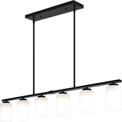 45.27'' Modern Farmhouse Kitchen Island Light, 6-Light Island Lights for Kitchen, Dining Room Light Fixture, Black Hanging Pendant Light with Milk Glass Shade, Linear Chandelier with Adjustable Rod