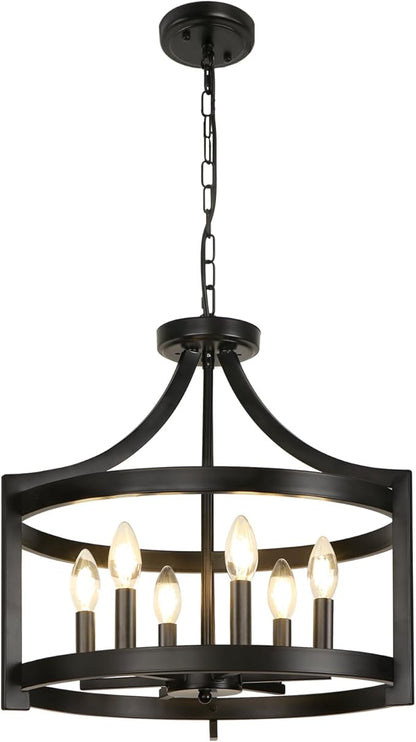 LynPon 6 Lights Large Modern Farmhouse Chandelier, 19" Convertible Semi Flush Mount Ceiling Light Fixture Hanging Light Rustic Round Cage Black Chandelier for Foyer Dining Room Kitchen Entryway