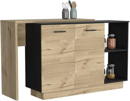 GOWE Kitchen Island, Double Door Cabinets, Two External Shelves, Three Shelves, Black/Light Oak