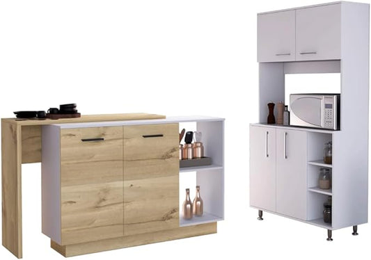 GOWE Dorchester 6-Shelf 6-Door 2-Piece Kitchen Set, Kitchen Island and Pantry Cabinet White and Light Oak