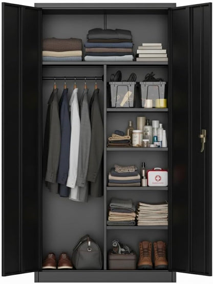 72in Heavy Duty Steel Wardrobe Cabinet with Lock, Metal Garage Storage Cabinets with Adjustable Shelves & Hanging Rod, Metal Cabinet Storage for Home, Bedroom, Office, Closet