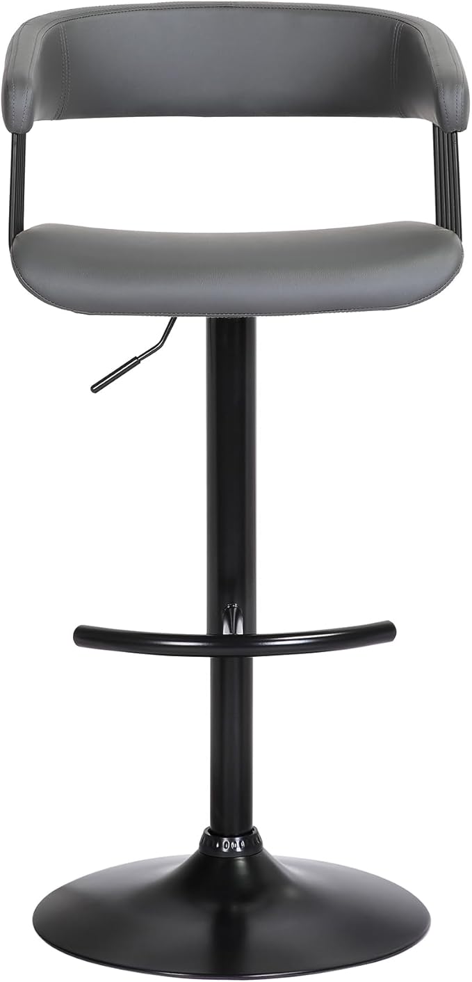 Armen Living Calista Adjustable Height Mid Century Modern Swivel Bar Stool for Kitchen Island Counter in Gray Faux Leather with Black Metal