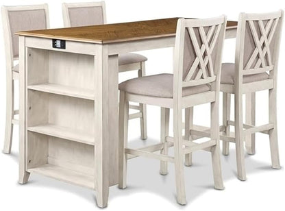 New Classic Furniture Amy Farmhouse Kitchen Counter Island Dining Table for 4 with Storage Shelf & USB Chargers, Beige and Brown