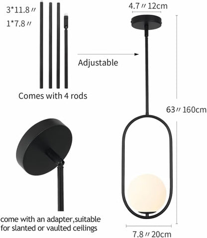 Modern Pendant Light with Milk Glass Globe Lampshade, Hanging Light Fixture for Kitchen Island, Adjustable Height Hardwired Ceiling Fixture for Dining Room, Bedroom, Hallway (1, Black)